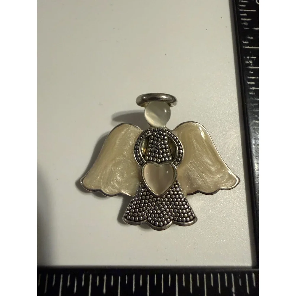 Silver Tone Angel Brooch Cream Enamel Wings Moonstone Heart Halo Pin